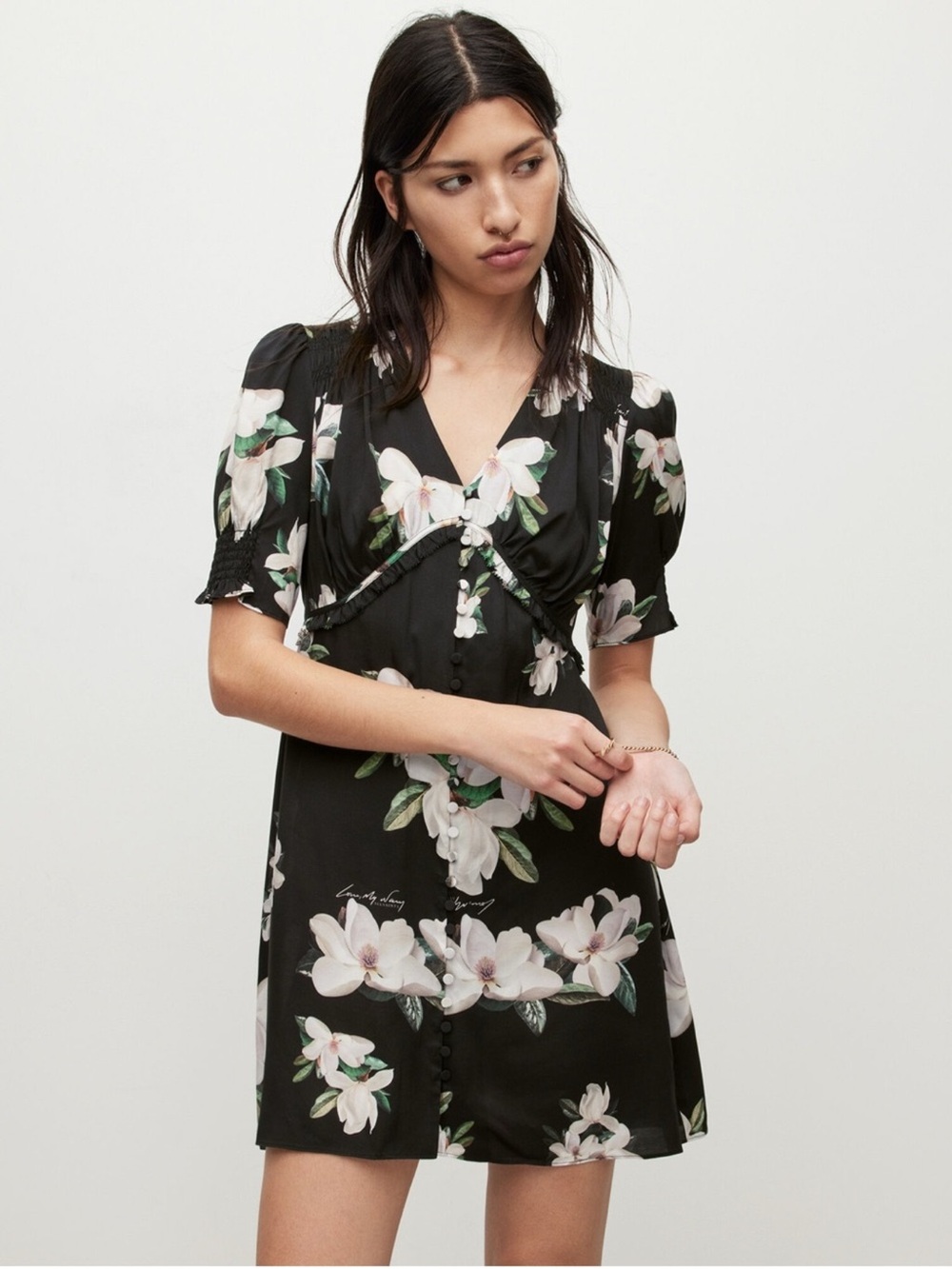 AllSaints Women Demi Alessandra Floral Mini Dress Black Magnolia V-Neck Size 12